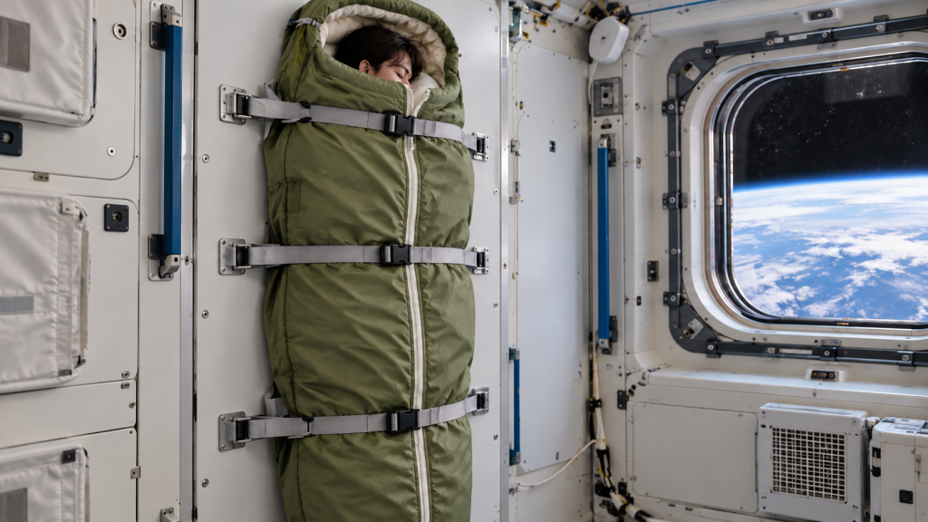 宇宙船内で壁に固定された緑色の寝袋に入り、縦向きに眠る宇宙飛行士