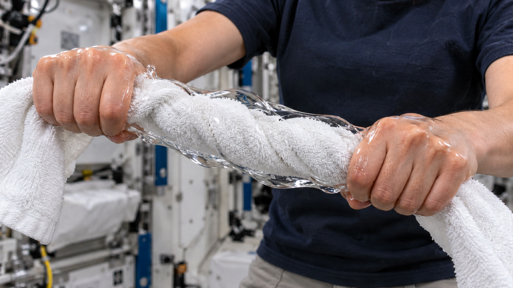 宇宙船内でタオルを絞り、表面張力によって水がまとわりつく様子